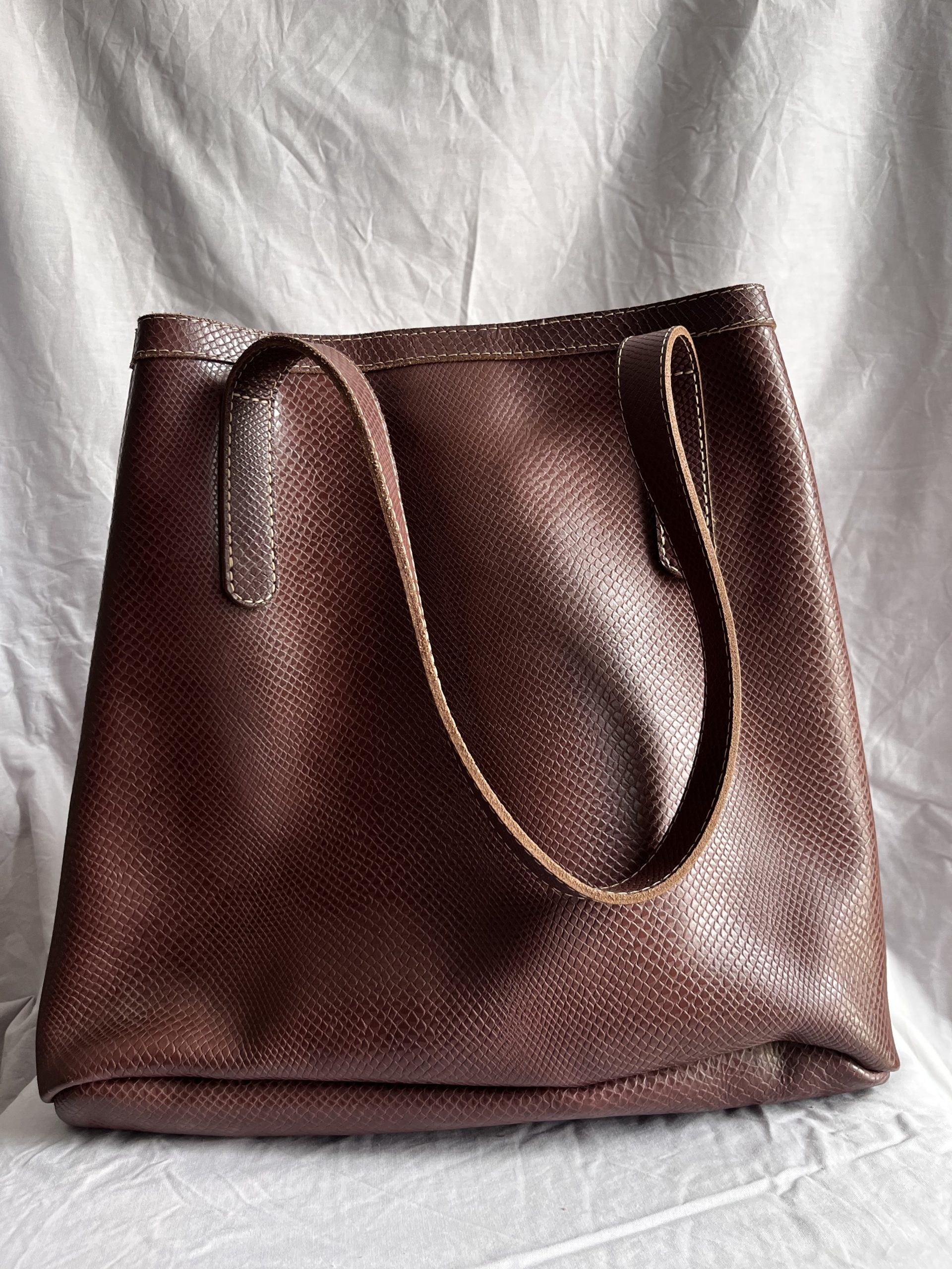Embossed Snakeskin Pattern Leather Tote Bag - Mahogany Brown